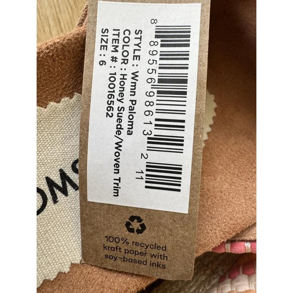 TOMS Paloma Slide Sandals Womens 6 Honey Suede Woven Trim Espadrille Platform